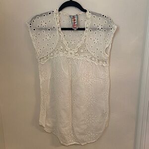 Johnny Was White Eyelet Lace Short Sleeve Boho Blouse XS